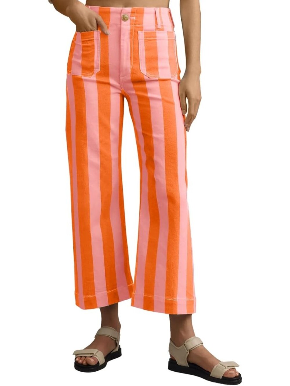 Women's Pink Orange Cropped Striped Jeans High Waisted Wide Leg Denim Pants